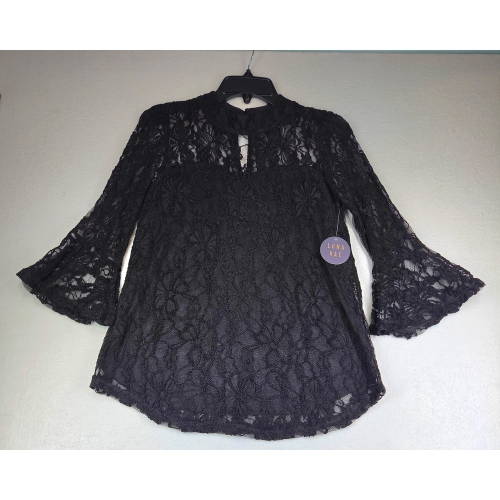 Luna Rae Black Floral Lace Mock Neck Bell Sleeve Blouse Top Small NWT
